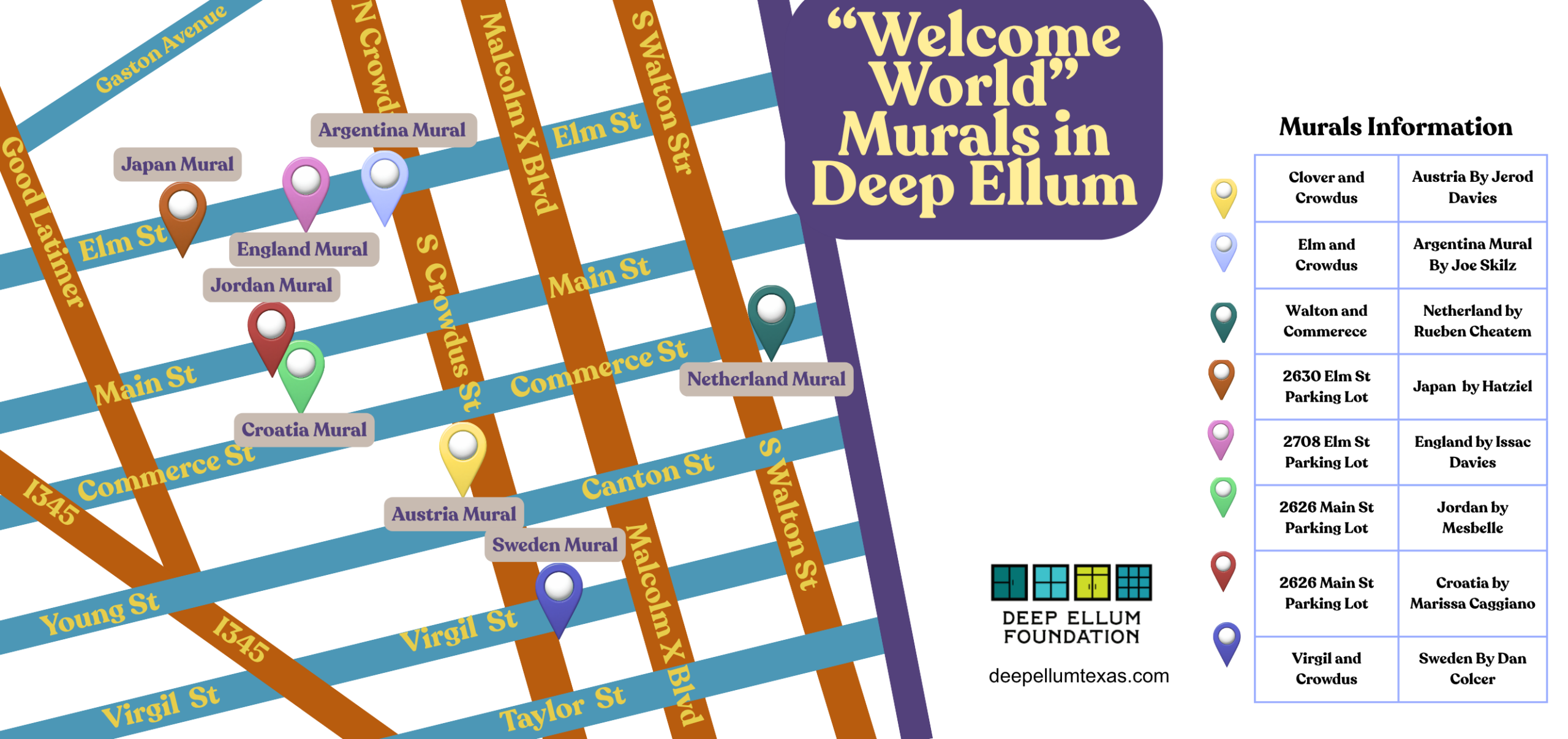Welcome World mural location map for Deep Ellum, Dallas