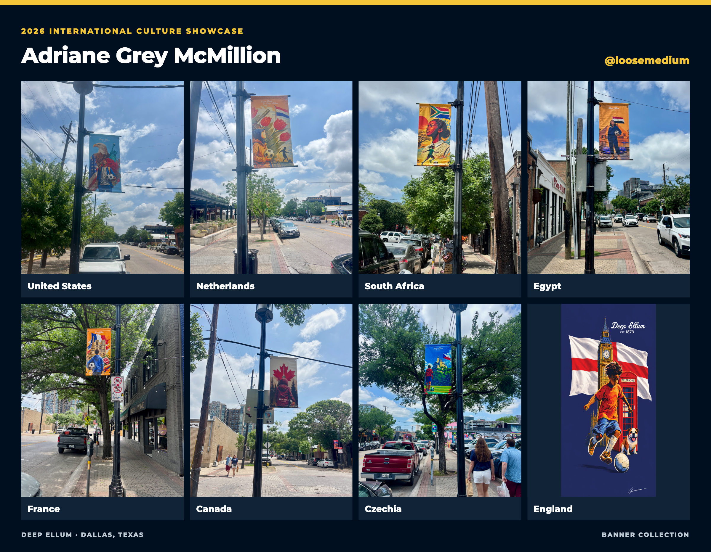 Adriane Grey McMillion’s banner collection: United States · Netherlands · South Africa · Egypt · France · Canada · Czechia · England