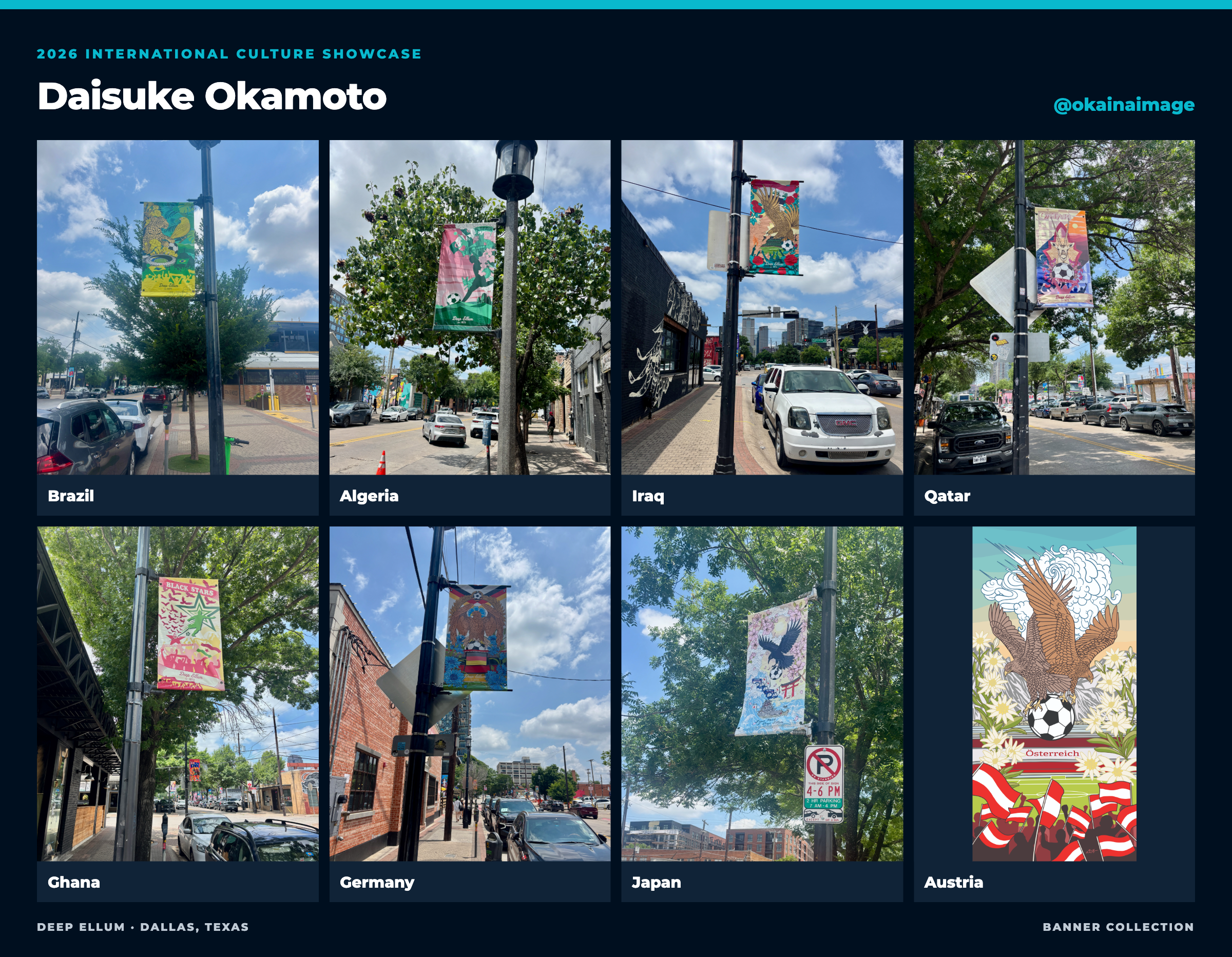 Daisuke Okamoto’s banner collection: Brazil · Algeria · Iraq · Qatar · Ghana · Germany · Japan · Austria