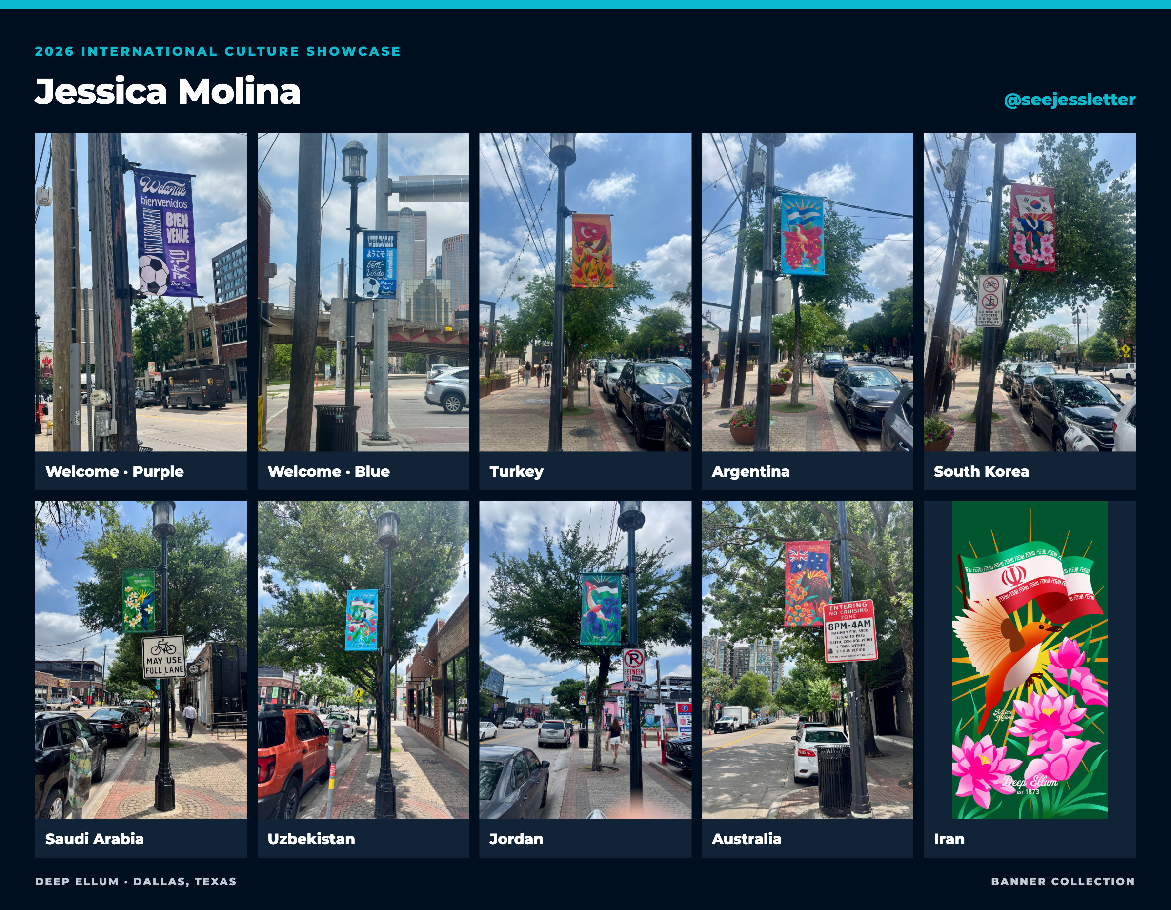 Jessica Molina’s banner collection: Welcome · Purple · Welcome · Blue · Turkey · Argentina · South Korea · Saudi Arabia · Uzbekistan · Jordan · Australia · Iran